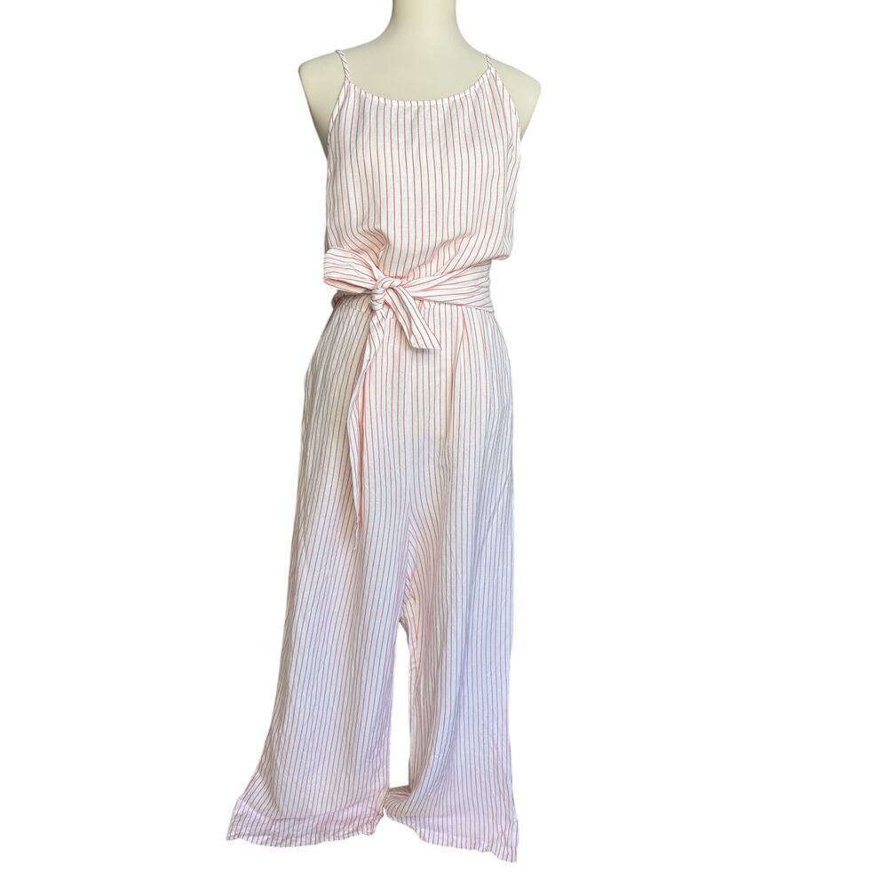 LOFT Linen Blend Striped Wide Leg Jumpsuit Tie Waist Pockets Size 16 Plus Size